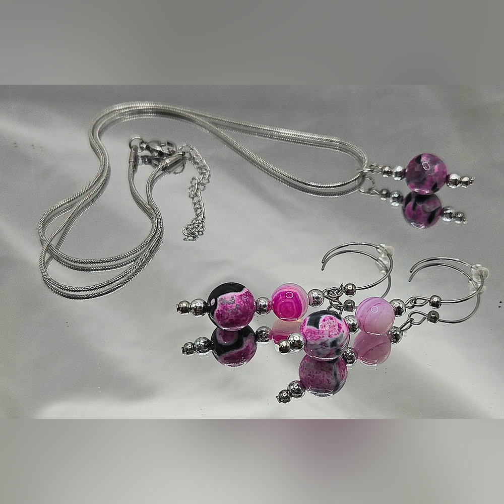 Handmade Stainless Steel Fire Agate & Pink Striped Agate Beaded Jewelry Set